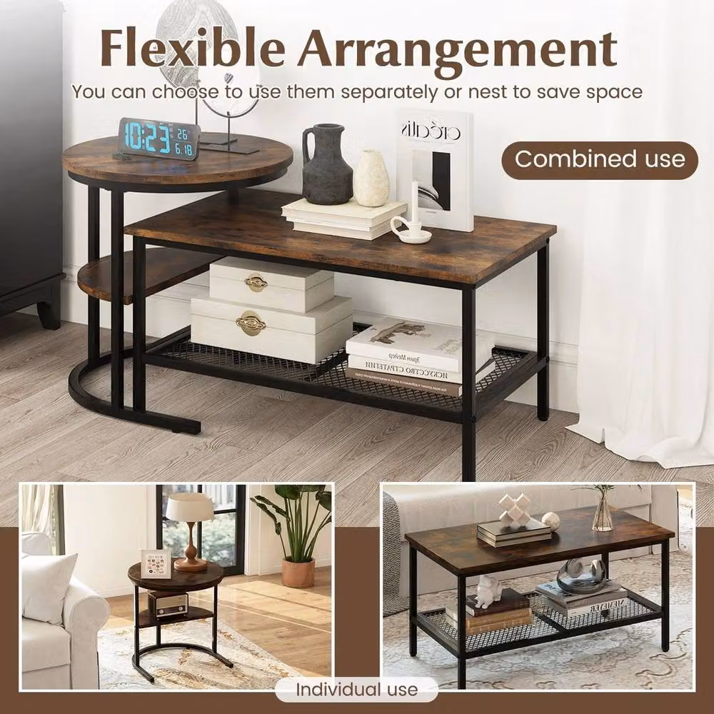 VOGREX Industrial Brown Round Side Table and Rectangular Coffee Table Set with Nested Tops and Metal Legs – 5