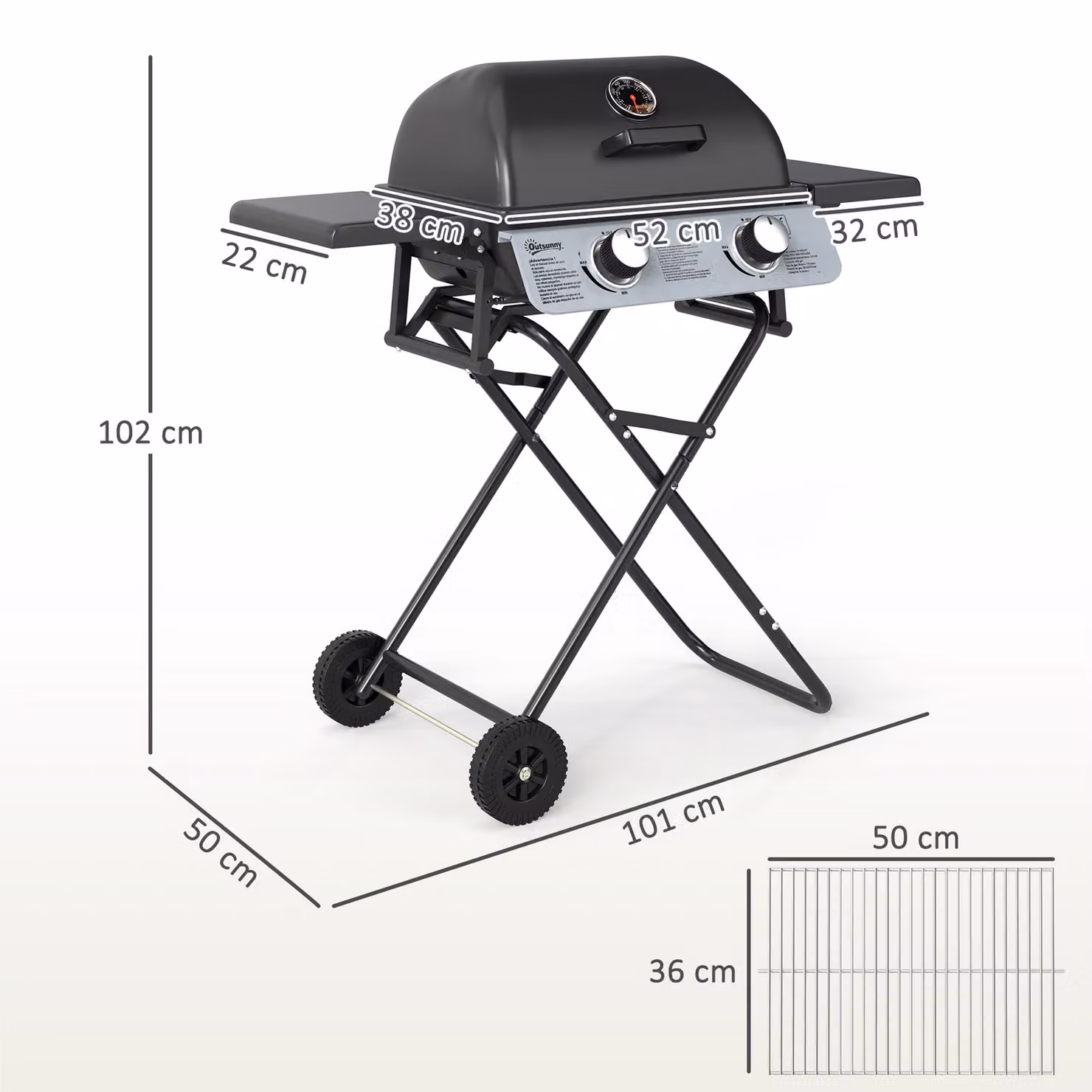 Outsunny 2 Burner Portable Gas BBQ with Trolley, Stainless Steel Frame, Thermometer and Lid, Black, W/D/H: 122 x 50 x 102 cm – 3