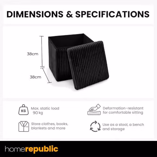 Home Republic Corduroy Ottoman Storage Box in Black, W/D/H: 38 x 38 x 38 cm – 3