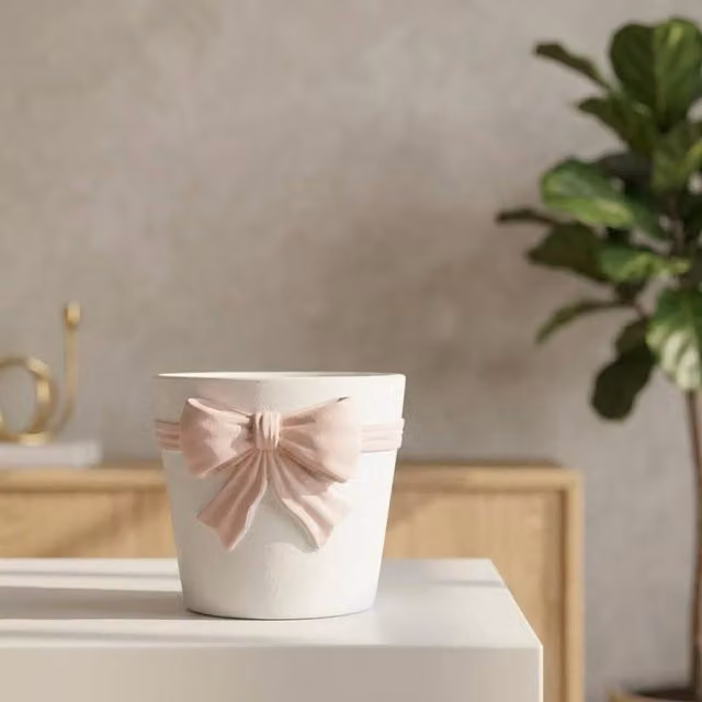 Garden Greatness Blush Bow Decorative Ceramic Planter Pot in Pink, White and Multicolour, W/D/H: 17.5 x 15.5 x 18.0 cm