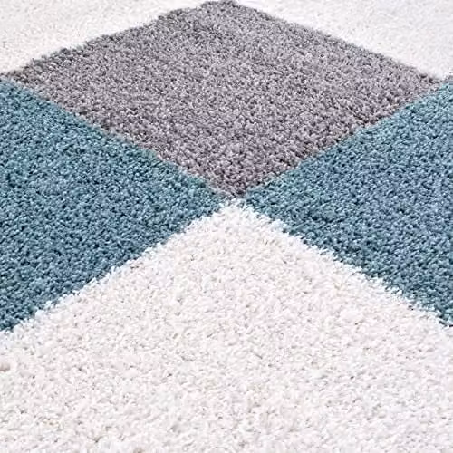 THE RUGS Modern Checked Shaggy Area Rug in Blue and Grey, W/D/H: 200 x 290 x 3 cm – 3