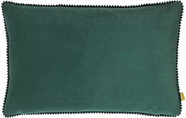 Furn Cosmo Soft Velvet Pom Pom Trimmed Rectangular Cushion in Blue Green, W: 50 cm, H: 30 cm, D: 30 cm