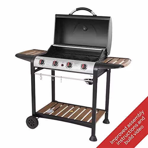 George Foreman 4 Burner Gas BBQ with Automatic Ignition, Integrated Thermometer and Wood Effect Shelves, Black – 2