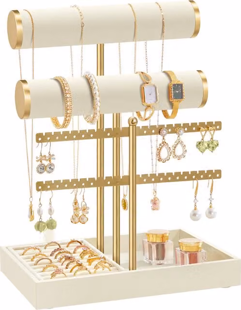 SONGMICS White and Gold 2 Tier Metal Jewellery Stand with Velvet Tray
