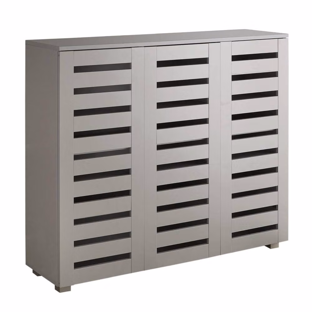 Home Source Oslo 3 Door Shoe Storage Cabinet in Grey with Slatted Hinged Doors – 3