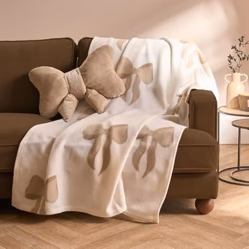 OHS Bow Print Fleece Throw Blanket in Beige, W/D/H: 120 x 150 cm