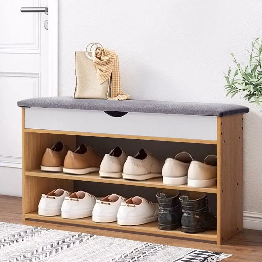 KORVIXA Wooden Shoe Storage Bench in Beige, Width: 90 cm – 3