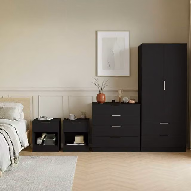 Home Discount Vida Designs Trega 4-Piece Black Bedroom Set including Wardrobe, 4-Drawer Chest and 2 Bedside Tables