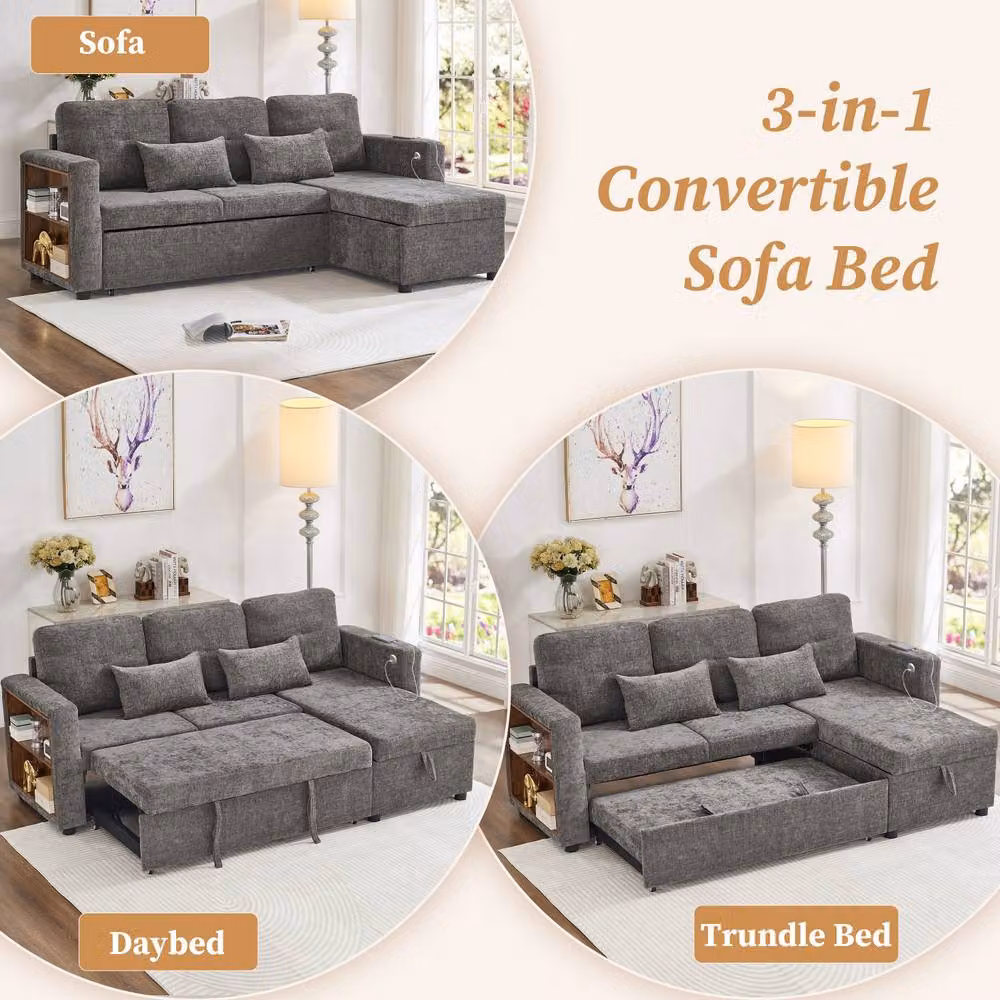 Matteo Grey 3-in-1 L-Shaped Chenille Sofa Bed with Storage and USB Charging – 3