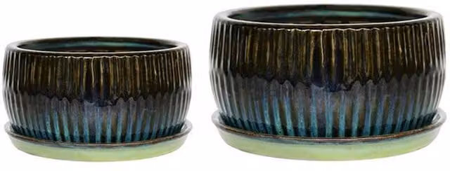 Lemon Pavilion Furniture and Decor Round Reactive Glaze Bonsai Planter Set of 2 in Green and Multicolour, W: 24.5 cm, D: 24.5 cm, H: 12 cm – 1