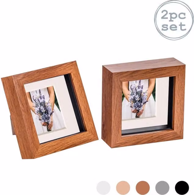 Nicola Spring Pack of 2 Square 3D Box Photo Frames in Brown Wood with White Mount, W/D/H: 10.16 x 10.16 x 10.16 cm