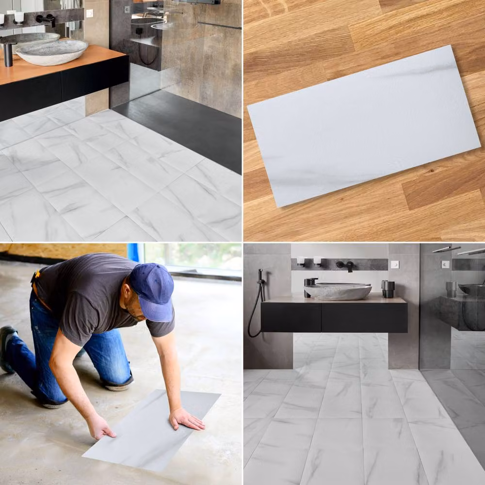 Novecrafto Self Adhesive White Marble Effect Vinyl Floor Tiles, 30 Pieces, W: 30.48 cm x D: 60.96 cm – 4