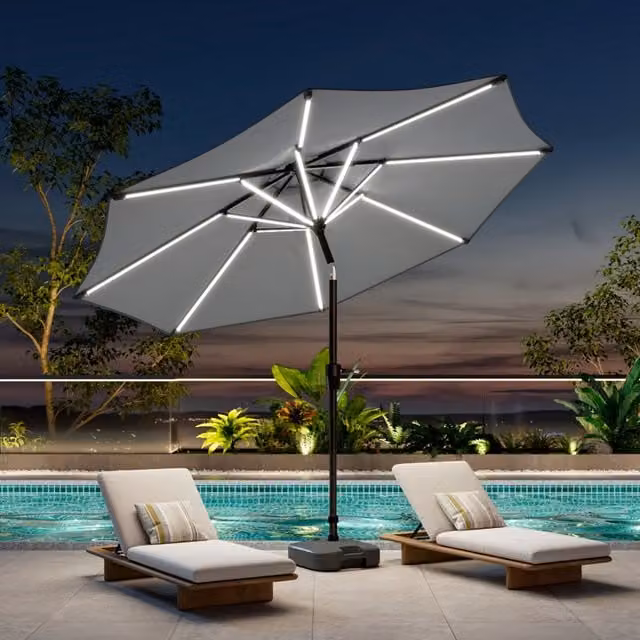 Breeins Modern Outdoor Parasol with LED Strips and Fillable Plastic Base in Light Grey