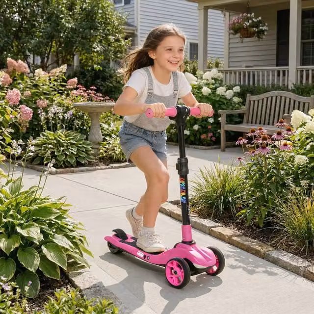 AIYAPLAY Foldable Kids Electric Scooter with Brake and Height Adjustable Metal Frame, Pink