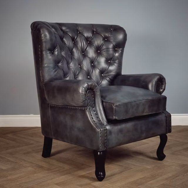Elm Home And Garden Classic High Back Arm Chair in Grey Genuine Leather with Solid Wood Frame