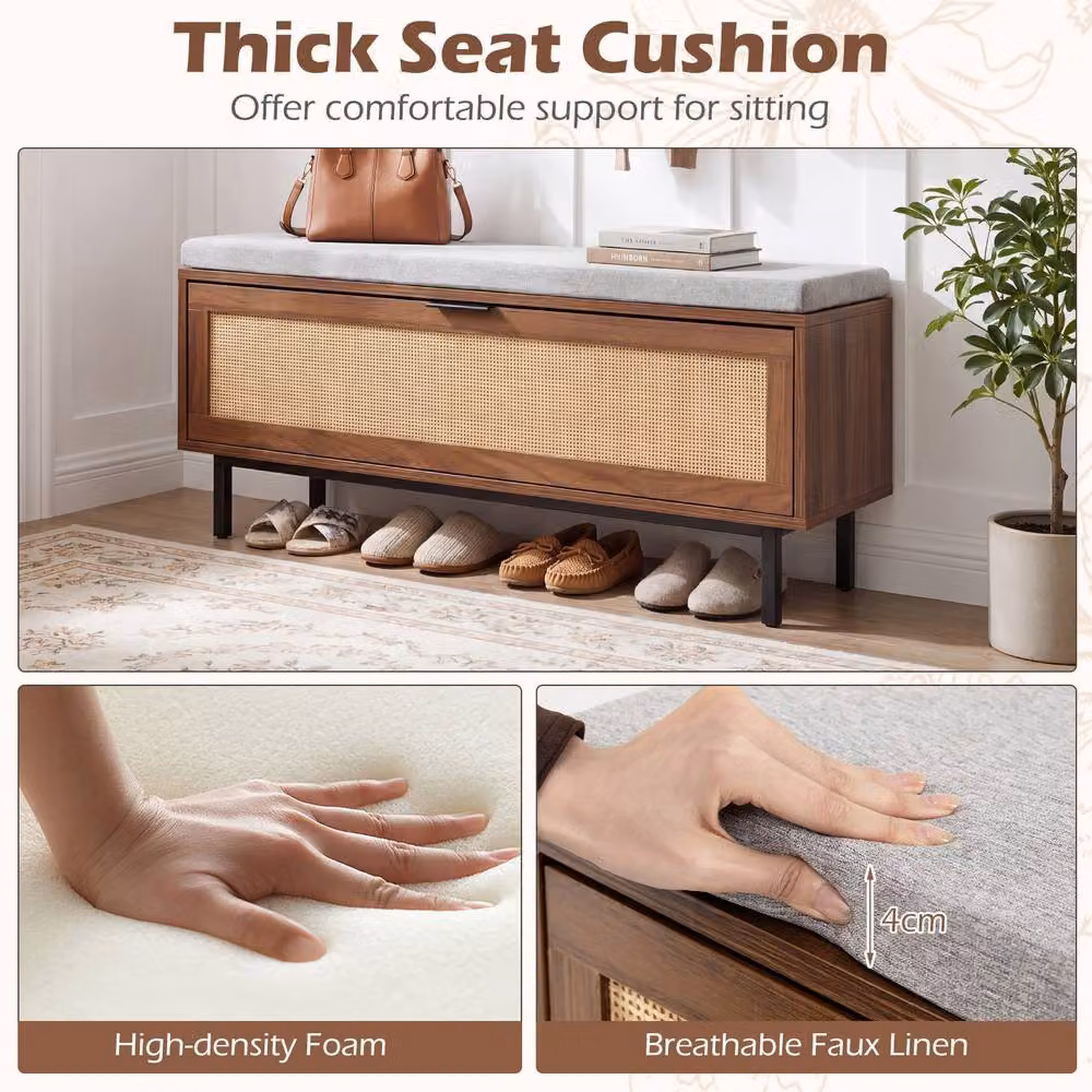 Costway Brown Shoe Storage Bench with Padded Fabric Cushion and Hidden Shoe Cabinet – 6