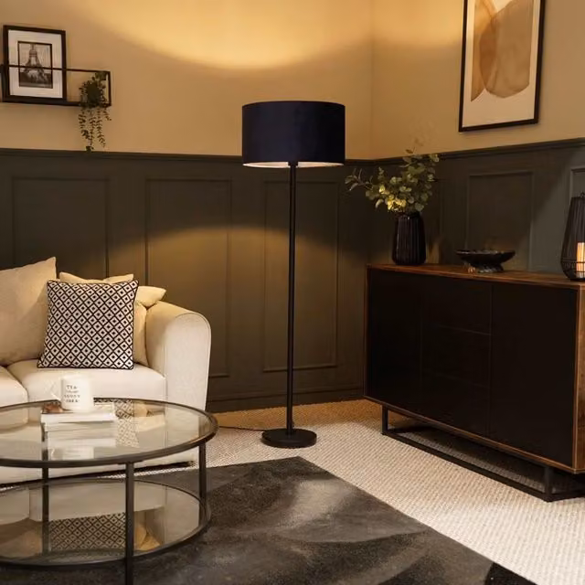 ValueLights Charlie Black Stem Floor Lamp with Blue Velvet Cylinder Shade – 1