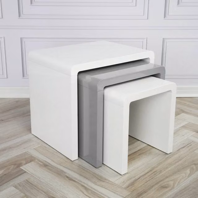 FORGEVIO Set of 3 Glossy Modern Nest of Tables in White and Grey – 1