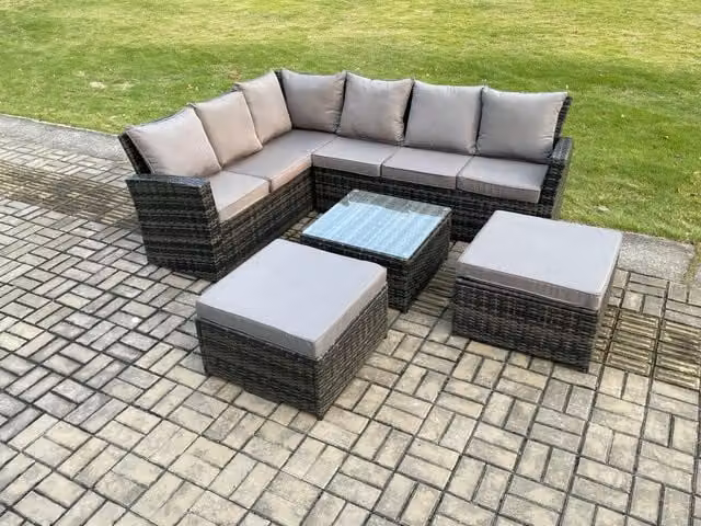 Fimous 8 Seater Rattan Garden Furniture Set with Corner Sofa, Square Coffee Table and 2 Footstools in Dark Grey