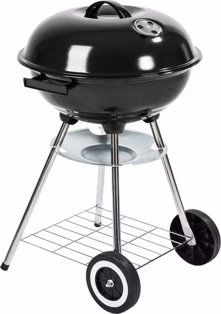 tectake Black Galvanised Steel Charcoal Kettle BBQ Grill with Wheels and Chrome Details