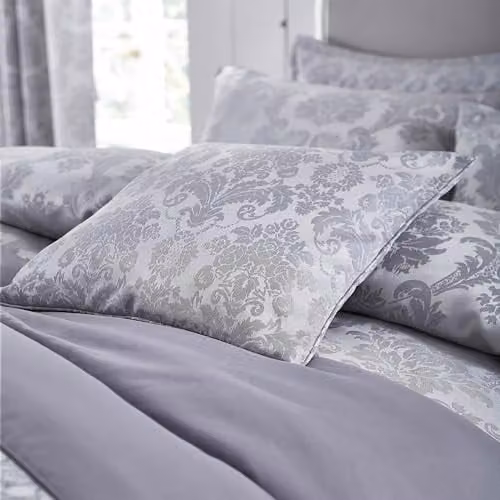 Catherine Lansfield Silver Grey Damask Jacquard Floral Square Cushion, W/D/H: 43 x 43 x 43 cm