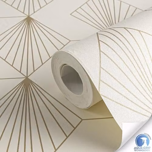 A.S. Création Art Deco Non-Woven Wallpaper in Cream and Gold with 3D Geometric Effect, W/H: 0.53 m x 10.05 m – 2