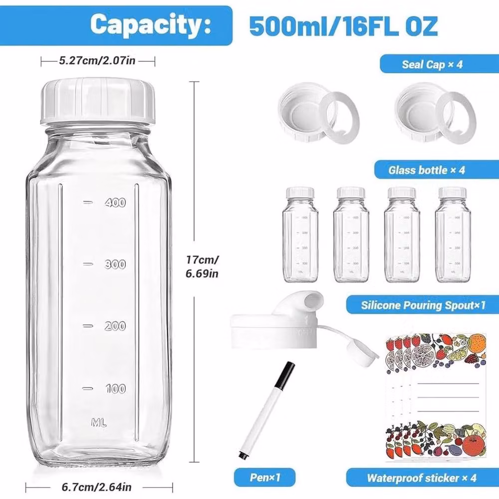 PAWNORA Square Glass Milk Bottles, 500 ml, Clear – 2