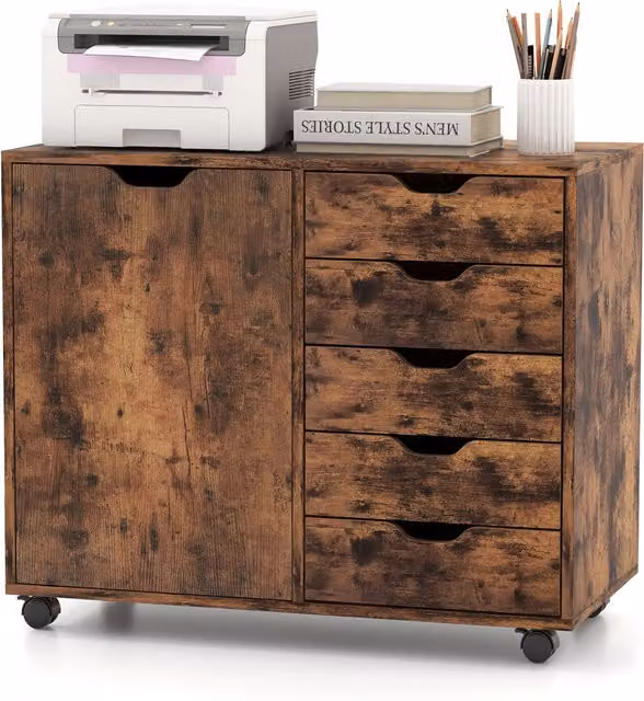 Costway 5-Drawer Mobile Side Cabinet in Brown
