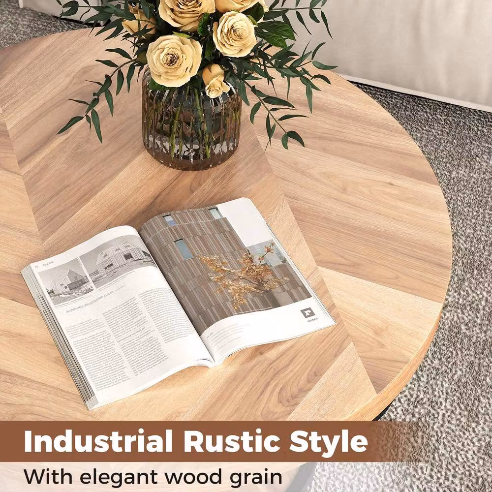Gymax Round 2-Tier Coffee Table with Faux Wooden Top in Sand Brown – 5