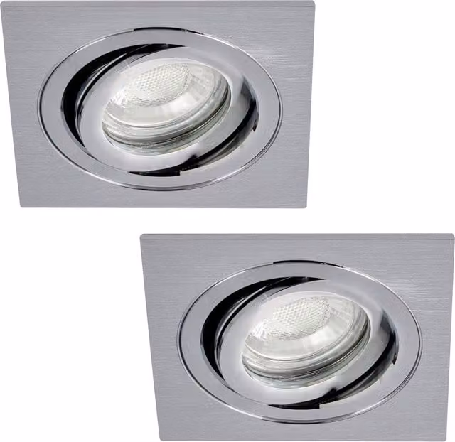 Litecraft 2 Pack of Square Recessed IP65 Downlights in Silver Metal with Adjustable GU10 Bulbs