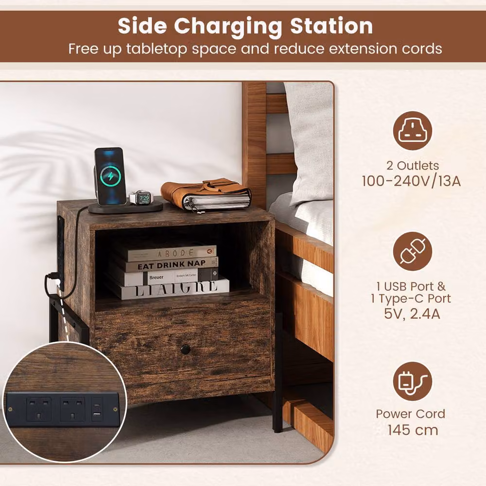 Costway 3-Tier Bedside Table with Drawer and Open Storage Shelf in Brown – 7
