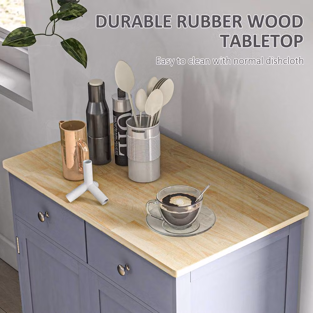 HOMCOM Grey Kitchen Side Cabinet with Rubber Wood Top and Adjustable Shelf – 3
