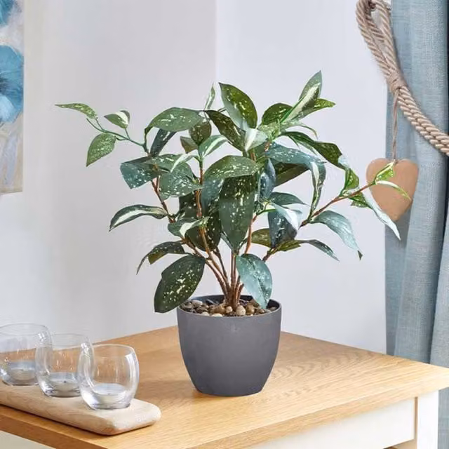 Marco Paul Artificial Potted Japanese Laurel Tabletop Plant in Green and Grey