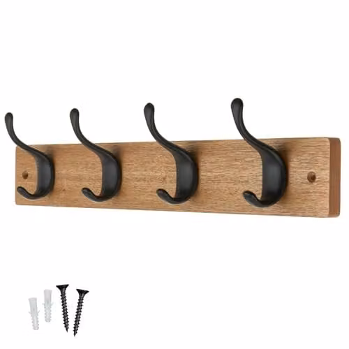 Keypak Modern Wall Mounted Coat Rack with 4 Matte Black Hooks on Ash Effect Wooden Board, W: 42 cm, H: 12 cm, D: 4 cm – 1