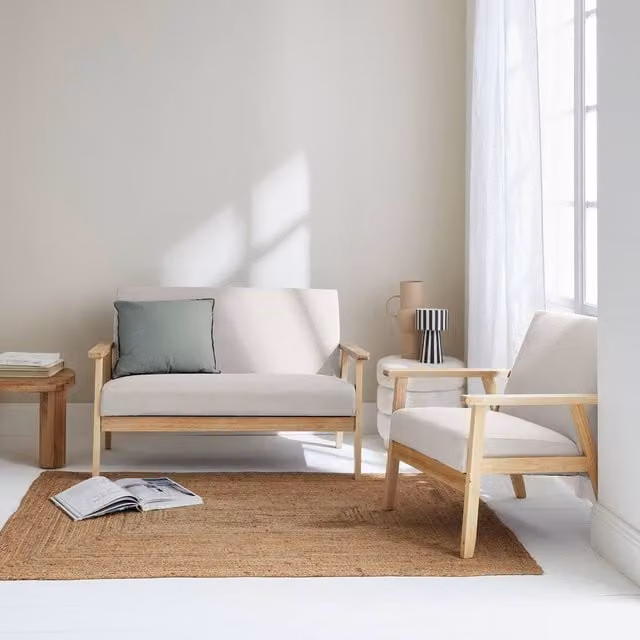 Sweekeec Scandinavian 3-Seater Bench and Armchair Set in Beige Rubberwood and Fabric