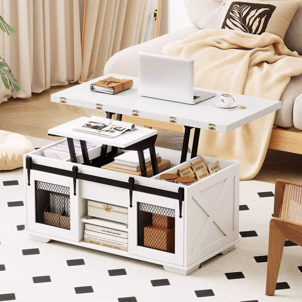 Costway 3-in-1 Farmhouse Lift Top Coffee Table with 2 Sliding Doors in White – 3