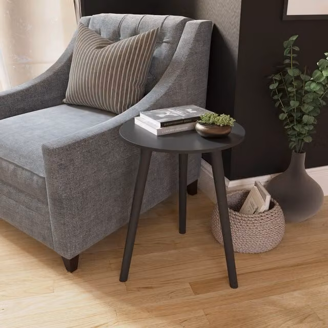 Vida Designs Round Black Minimalist Side Table with Wood and Metal Four-Leg Design