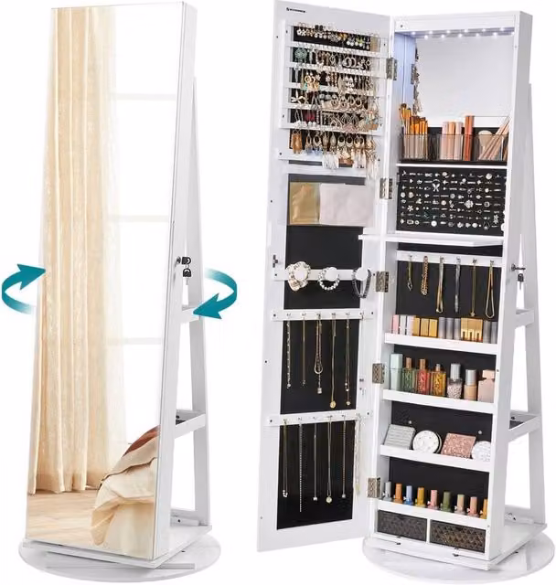 FORGEVIO White Mirror Jewellery Cabinet with Integrated LED Lighting and Glass Doors – 1