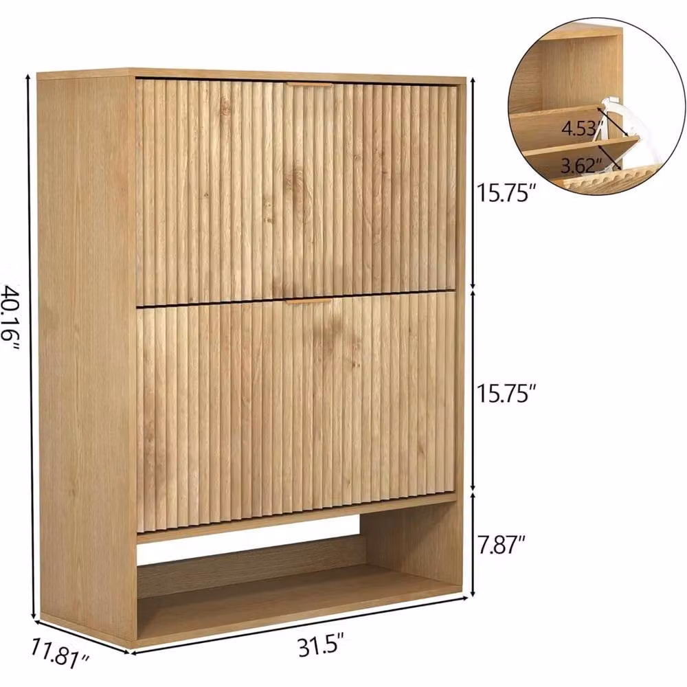 VOGREX Modern Fluted Shoe Cabinet in Oak with Tilting Compartments and Open Shelving, Brown, W/D/H: 80 x 30 x 102 cm – 2