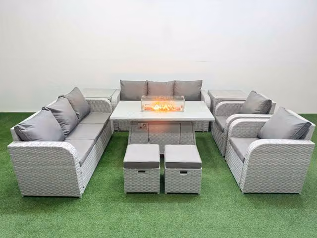 Fimous PE Rattan High Back Lounge Sofa Set with 3 Seater Sofa, Reclining Chair, Stools, Firepit Dining Table and 2 Side Tables in Light Grey