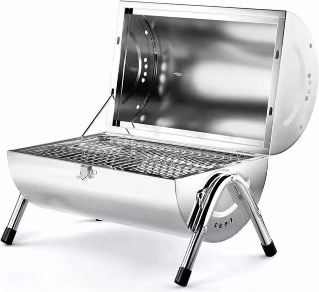 PAWNORA Portable Tabletop Barrel BBQ Charcoal Barbecue Grill in Silver, W/D/H: 42.0 x 27.0 x 25.0 cm
