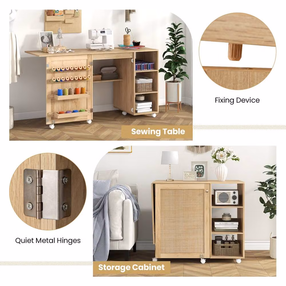 Costway Folding Sewing Table and Craft Station with 18 Pegs and 2 Bins in Natural Wood Finish – 3