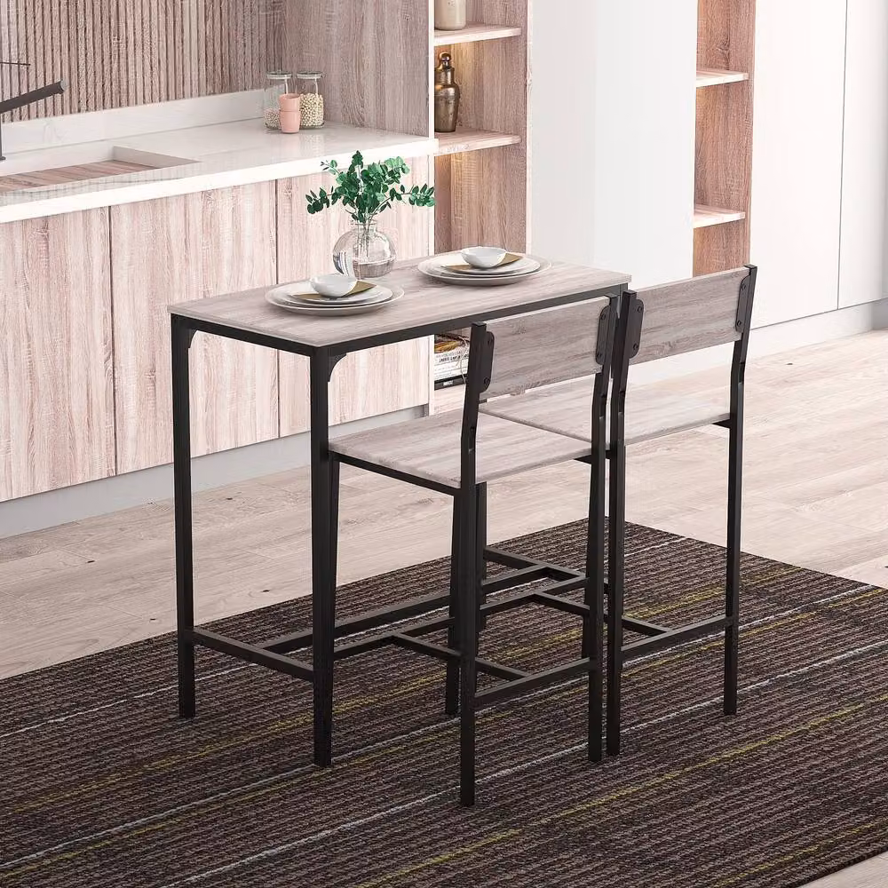 ERGOVEXA 3-Piece Industrial Bar Table Set with 2 Stools in Brown and Black – 3