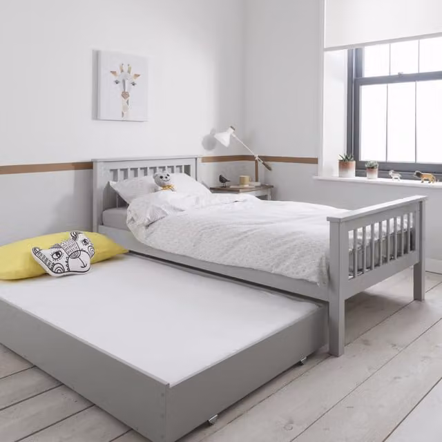 Noa and Nani Hampshire Single Bedframe with Olaf Trundle and Drawers in Grey Fabric and Pine Wood, 90 x 190 cm