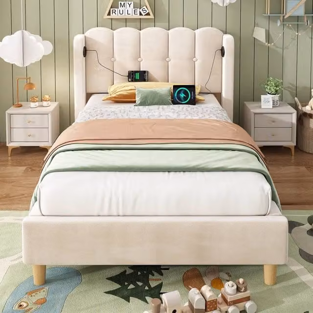 Merax Single Upholstered Velvet Bed Frame with Wingback and USB Charging Station, Beige, W/D/H: 90 x 190 cm – 1