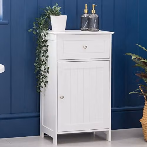 Christow White Modern Bathroom Storage Cabinet with Drawers and Hinged Doors