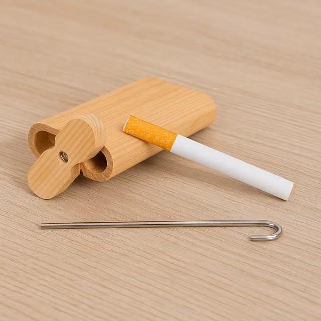 Voltico Portable One Hitter Pipe in Solid Light Oak Wood with Lid and Clean Hook