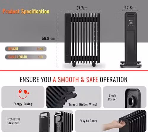 PureMate 2300W Oil Filled Radiator with Remote Control, Black, Freestanding – 6