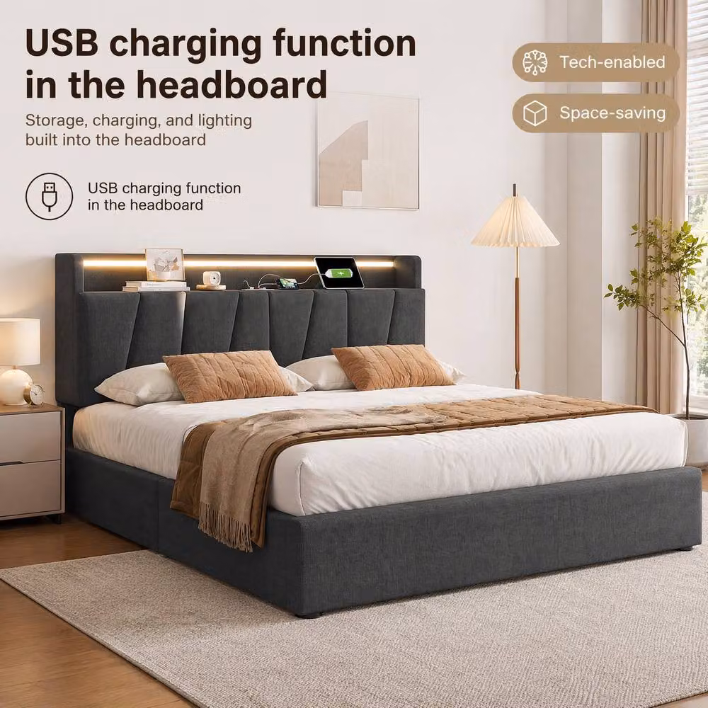 STILVORA Grey Fabric King Bed Frame with LED Lighting, USB Charging Ports and Lift-Up Storage Base – 5