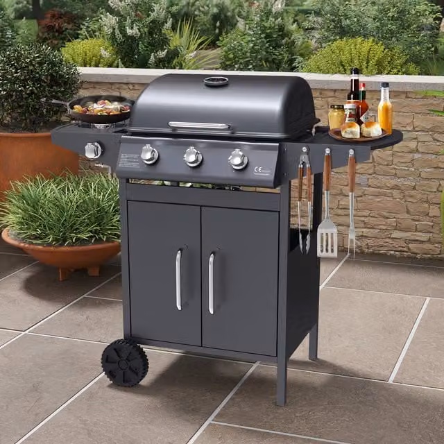 BillyOh Matrix 3 Burner Gas BBQ in Black with Side Burner, Warming Rack and Wheels
